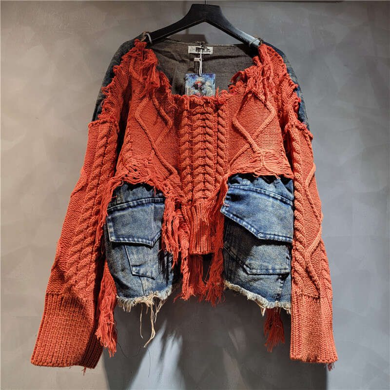 Fashion, Cool, Personality, Foreign Style, Fried Dough Twists Knitting Splicing Denim Round Neck, Long Sleeve, Short Sweater For Women In Autumn And W