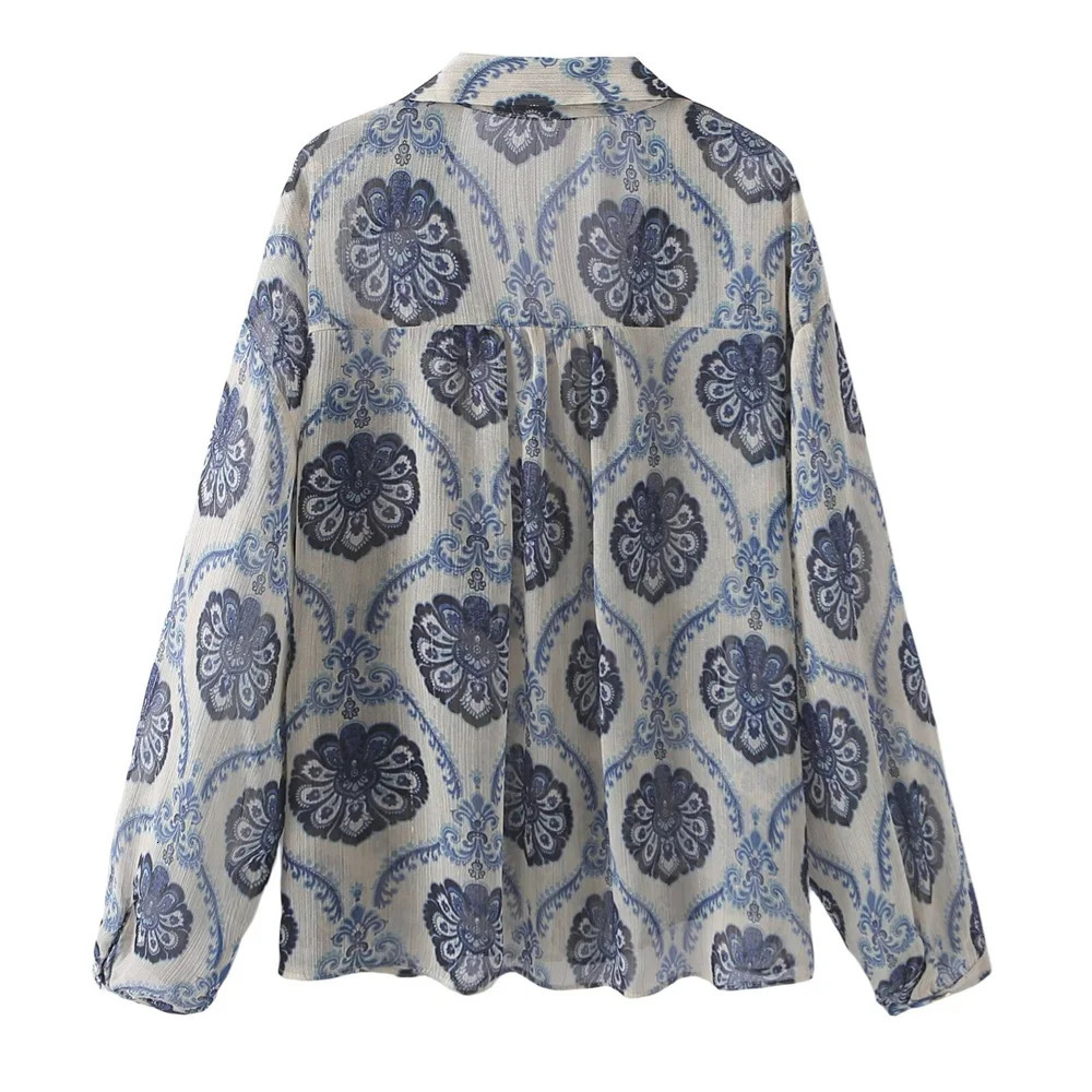 ZAR SpringSummer Womens European and American Style Lantern Sleeves Flip Collar Metal Thread Printed Shirt 250311