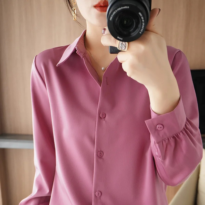 Satin long sleeved womens shirt loose thin artificial silk office top acetate solid color lapel 250311