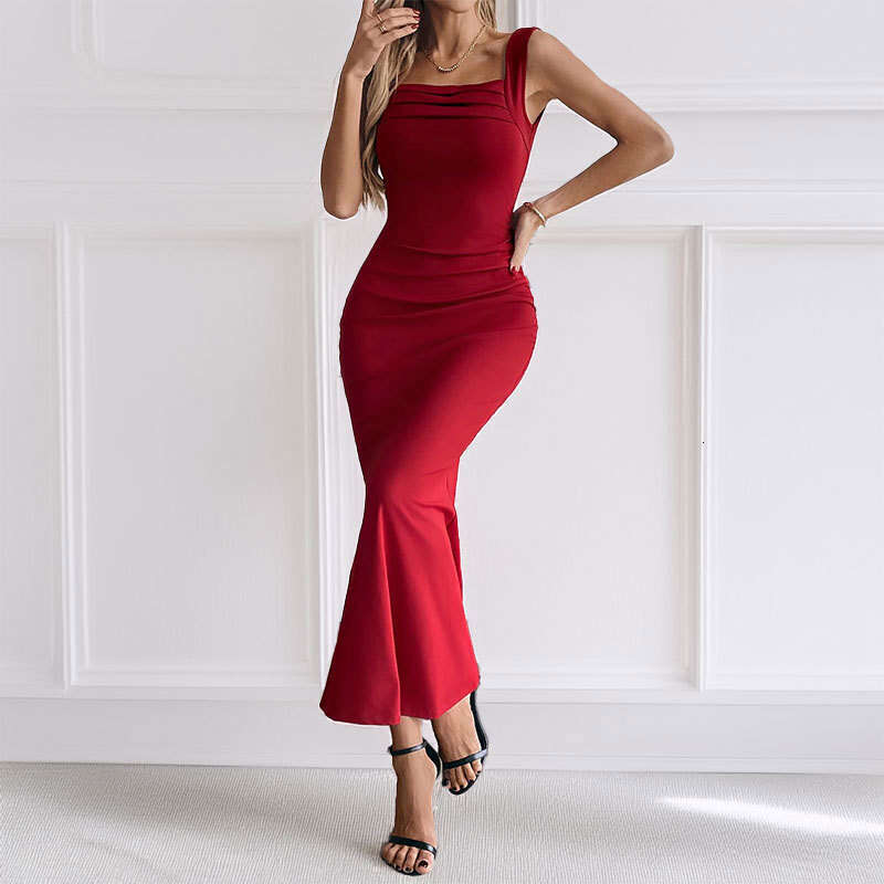 2025 Spring/Summer New Women's Fashion Style Slimming Square Collar Sleeveless Waist Slimming Dress KLMY