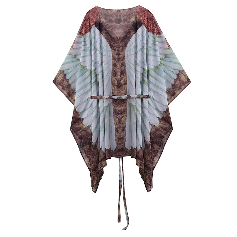 Beach Sun Protection Clothing With Loose Printed Angel Wings, Knitted Bikini, And Beach Cover