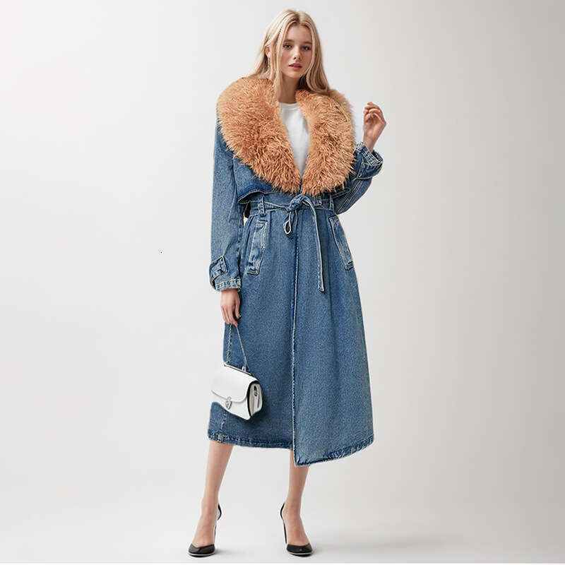 Street Style Niche Trench Coat Spring 2025, New Fur Collar, Detachable Long Denim, Waist Cinched Wide Jacket For Women