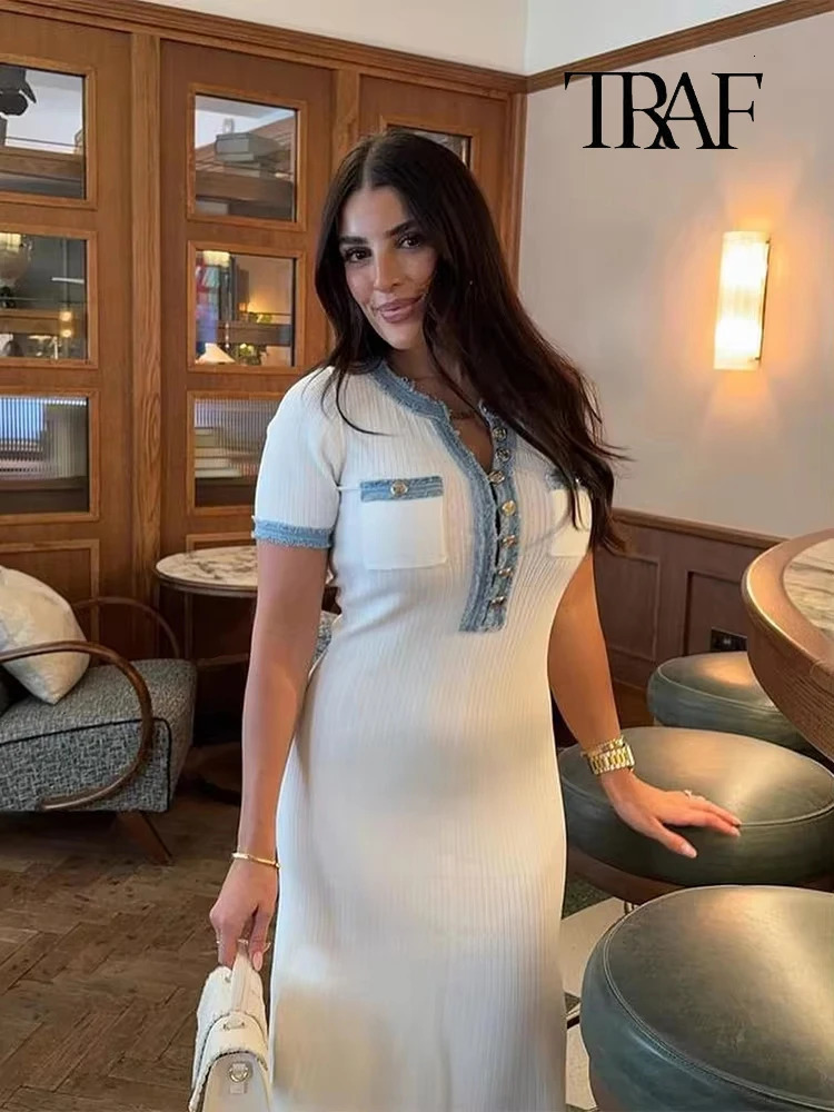 TRAF Women Fashion Splicing Knit Slim Long Dress Elegant Vneck Short Sleeve Button Casual Maxi Pleated Wrap Party Dresses 250311