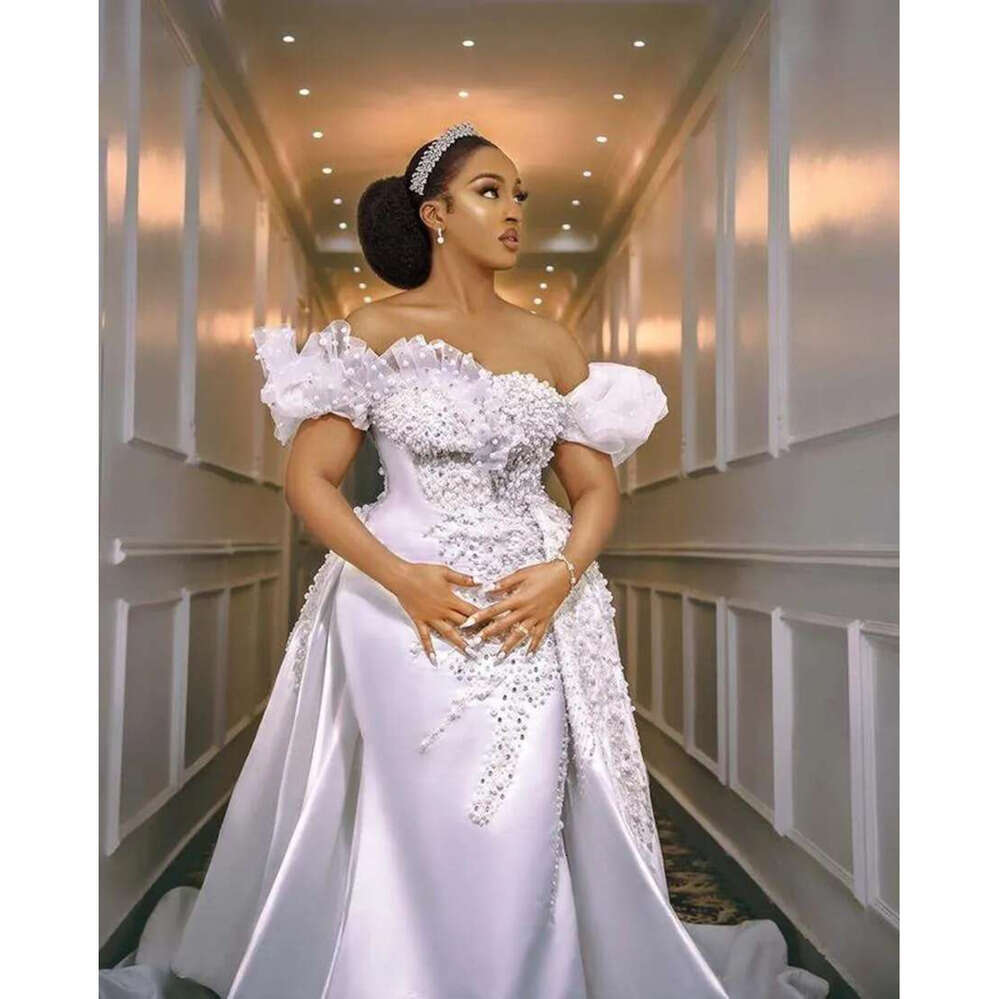 Pearls Mermaid Wedding Dresses Bride Gowns With Detachable Train African Nigerian Off The Shoulder Beaded Applique Vestido De Novia WJY