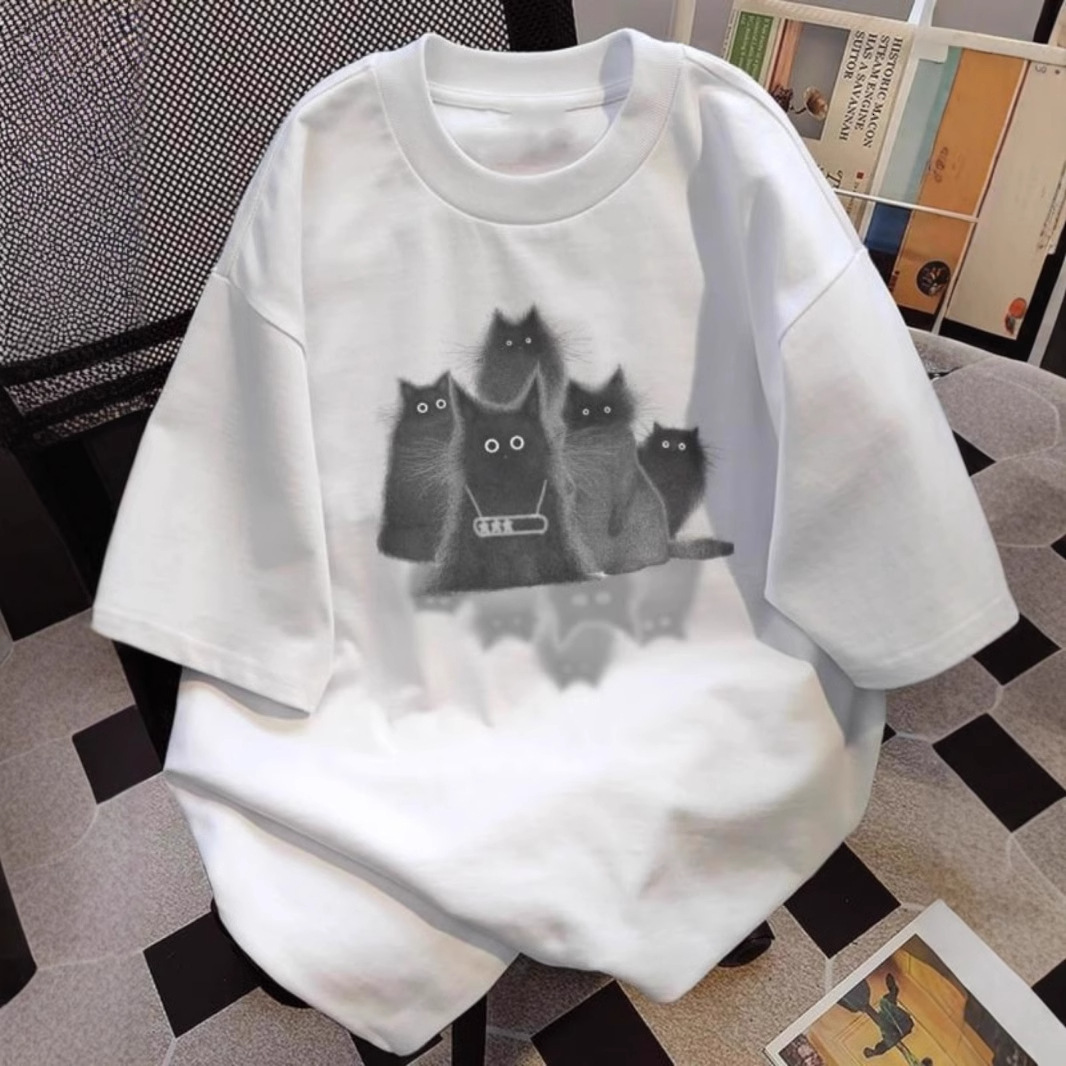 New cotton cat printed short sleeved designer women's T-shirt versatile, niche cute top 25 trendy styles to show off weight1