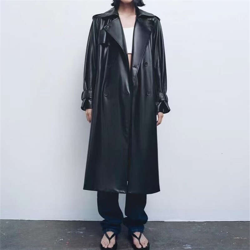 Women's 2023 Spring Autumn Collection Light Temperament, Featuring A Mature Imperial Style And Faux Leather Long Windbreaker With Belt Jacket For