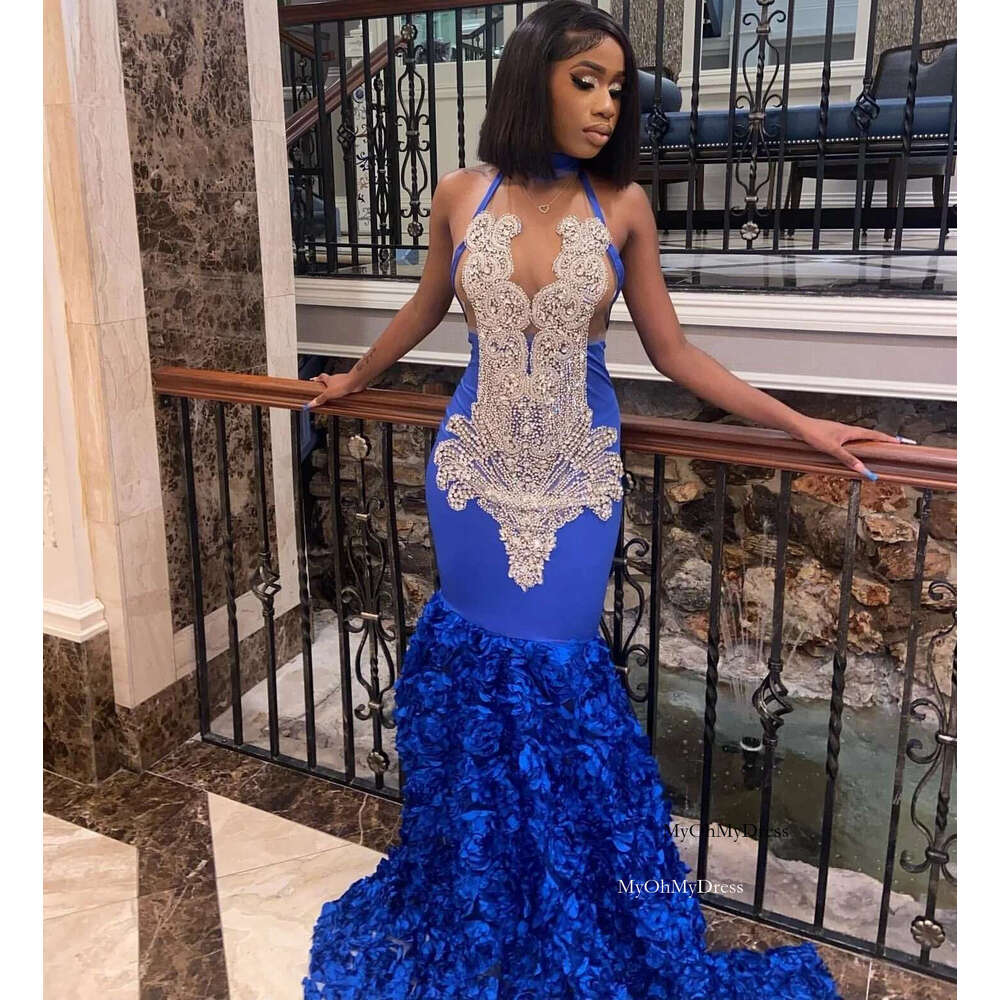 Royal Blue Long Prom Dress For Black Girls Mermaid Halter ral Crystals Birthday Party Dresses Women Evening Gown Customized al0311