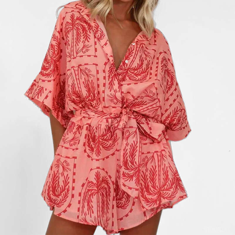 2025 Spring New Printed Collar Half Open Holiday Style Women's Short Jumpsuit KLMY