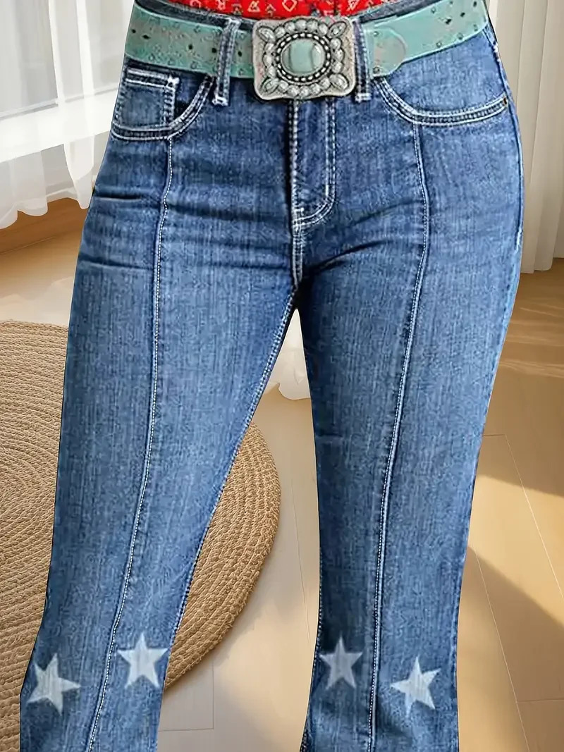 Huangs Cruel Ladies Hannah Sim Flare Denim Jeans Laser Printed Stars Raw Hem Western Womens Comfortable Stretchy Pants T05 250311