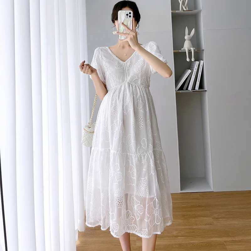 Korean Style Maternity Dress 2022 New Dress Temperament Fashion Lace Long Skirt Pregnant Mother High Waist Hollow Summer SkirtT250311