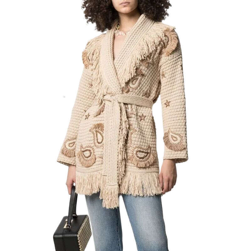Australian Hand Hook Hollow Tassel Cardigan Niche Contrasting Color Cashew Flower Embroidery Knitted Jacket For Women
