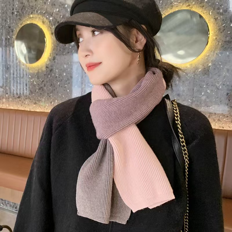 K096 Simple short scarf for women autumn and winter thickened two-color wool knitted chic Japanese style scarf for students Korean version
