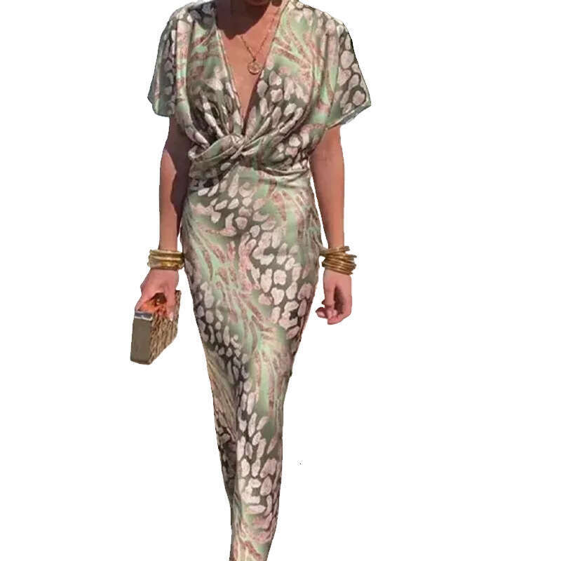 2025 Women's Fashion Tight Printed Twisted Mid Waist Sexy V-Neck Spring Dress KLMY