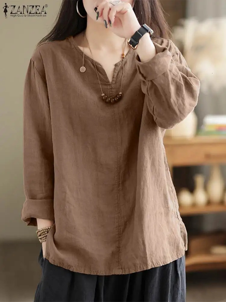 Vintage Women Cotton Blouse Spring V Neck Long Sleeve Tops ZANZEA Retro Solid Loose Shirt Female Work Tunic Blouses 250311