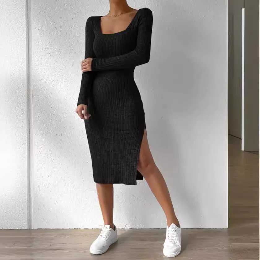 Maternity Dresses Fashion Pregnancy Autumn Winter Square Collar Close-fitting Women Clothes Long Sleeves Elegance Split DressT250311