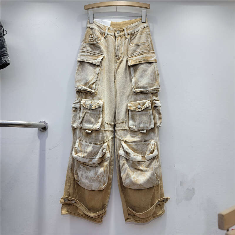 American Street Brand Gradient Contrasting Heavy Three-Dimensional Pocket Wide Leg Pants Cool And Niche Workwear Jeans Women's Fashion