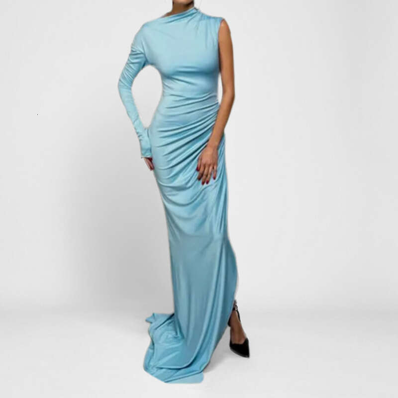 Women's 2025 New Style Elegant And Sexy Single Shoulder Sleeve Solid Color Slit Slim Fit Dress KLMY