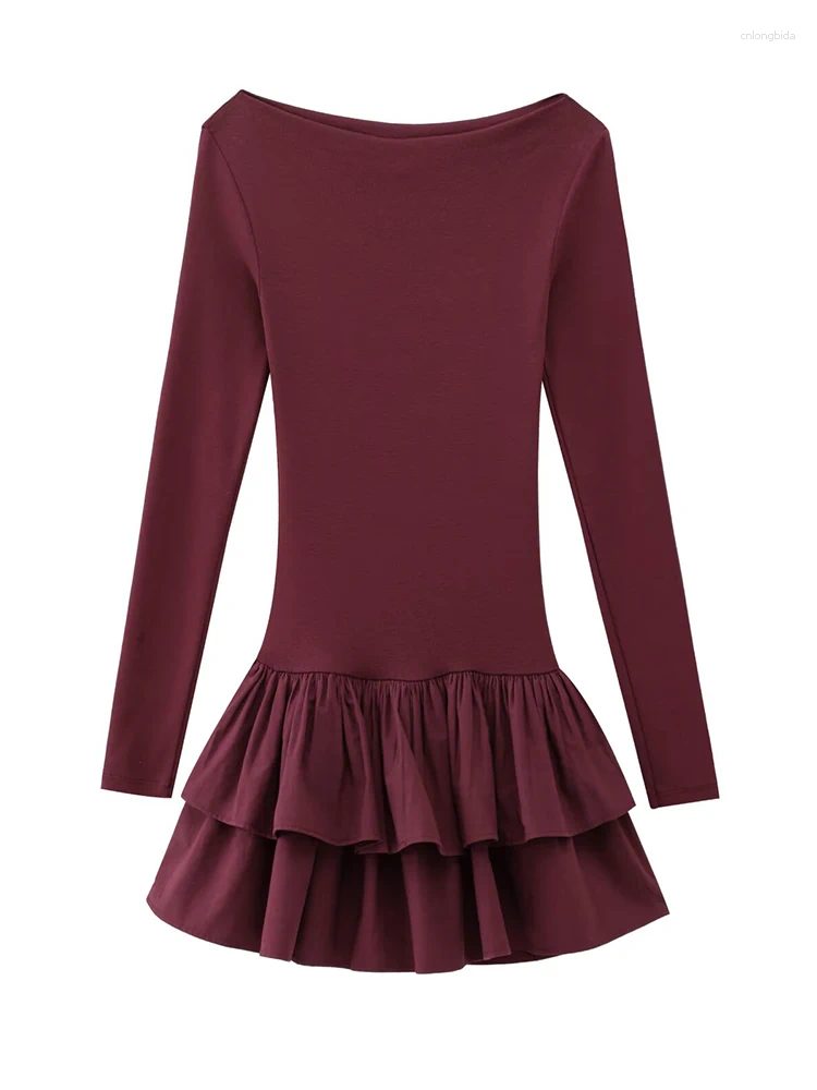 Casual Dresses Women Solid Tierred Mini Elegant O-neck Long Sleeve Slim Ruffles Party Dress Summer Streetwear