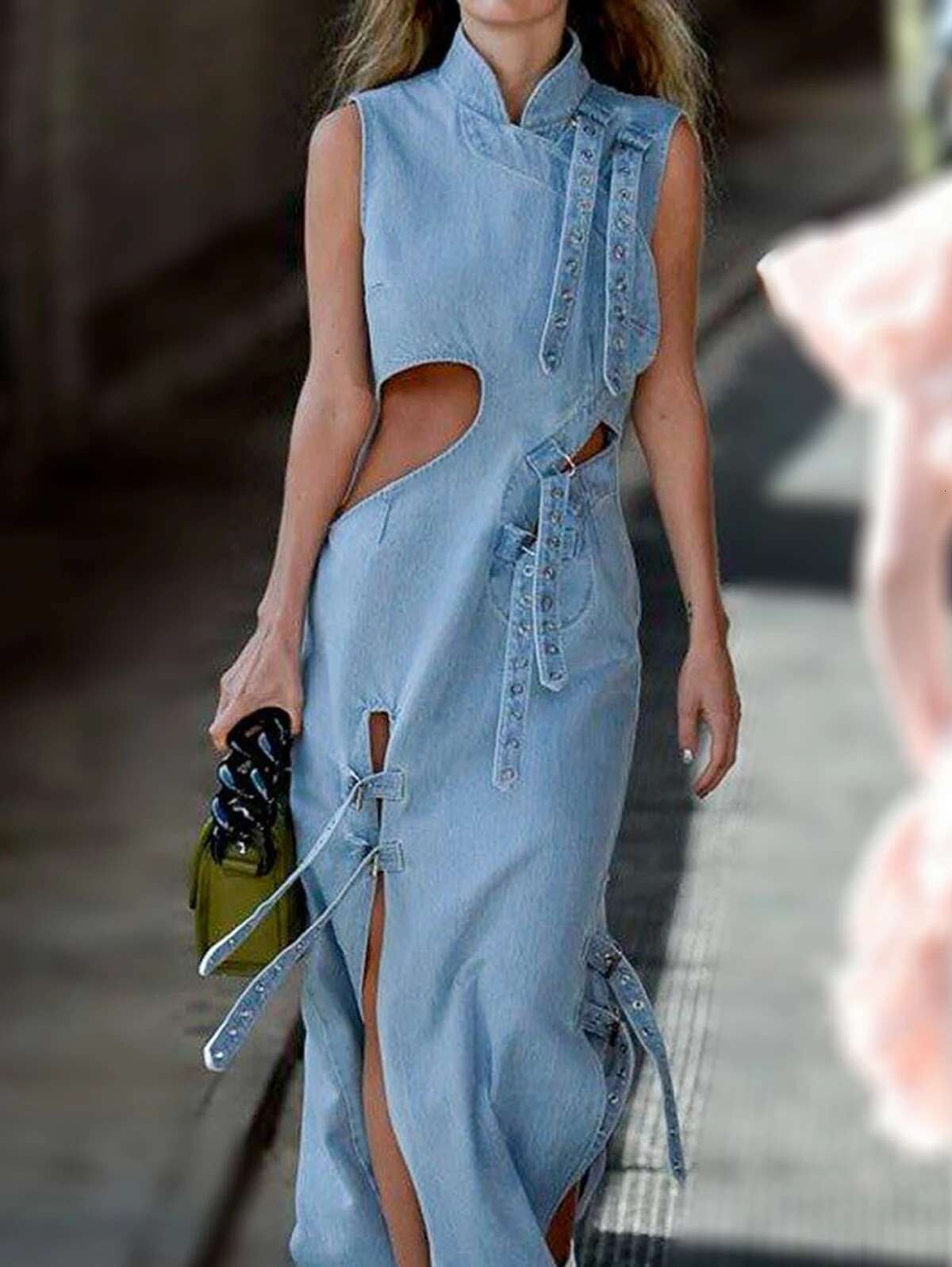Women Denim Fashion High Waist Hollow Out Long Party Dress Sexy Cutout Sleeveless Thigh Stand Collar Slit Maxi Dresses