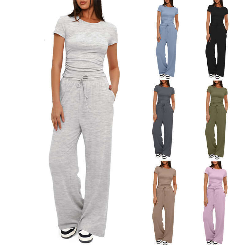 European and American product solid color casual suit pleated short sleeved top high waist wide leg pants sportswear 2025 temperament versatile new tr