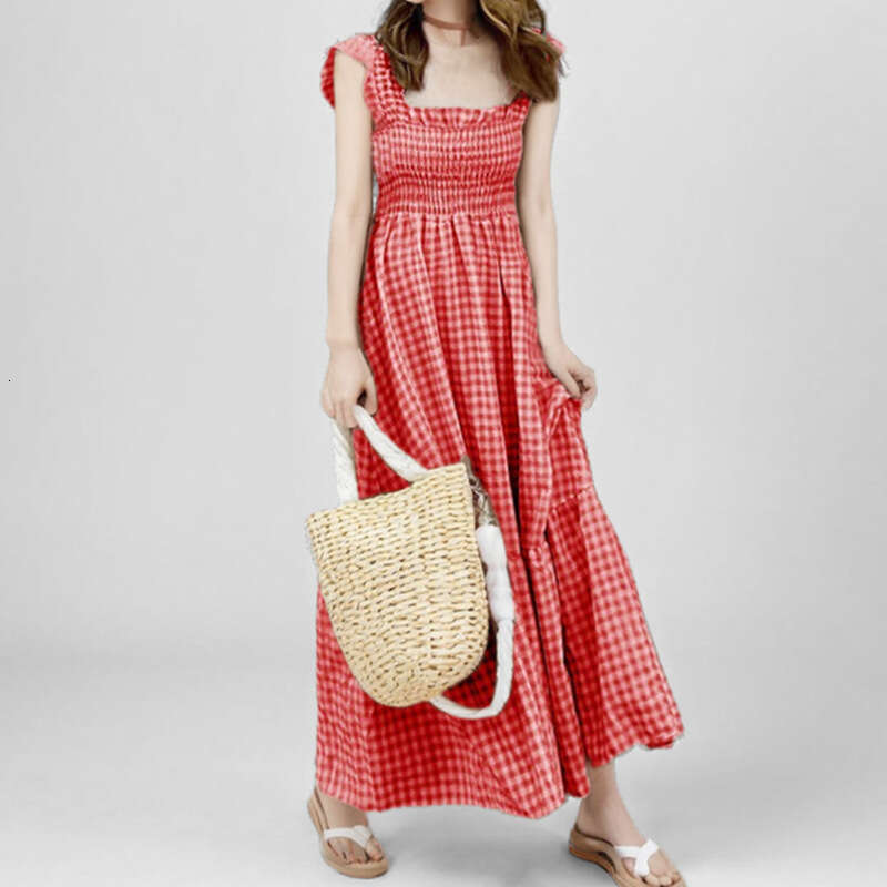 2025 Spring New Elegant Women's Commuter Collar Plaid Strap Elastic Large Swing Dress KLMY