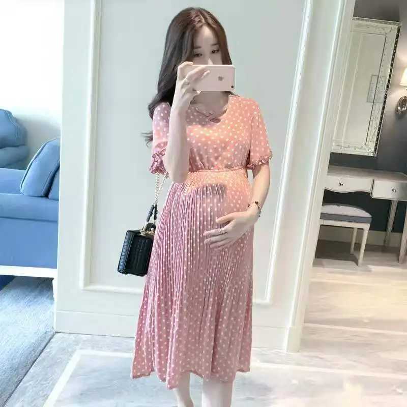 Summer Polka-dot Short-sleeved Maternity Dress Mid-length Maternity Dress Loose Maternity Dress Maternity Maxi DressT250311