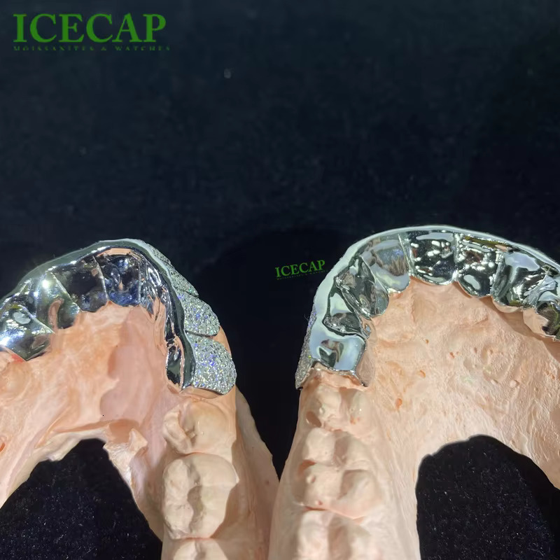 Custom HIphop Honeycomb Setting Grillz VVS Moissanite Perm Cut Diamond Grillz Iced Out Bling Sterling Silver Teeth Grillz