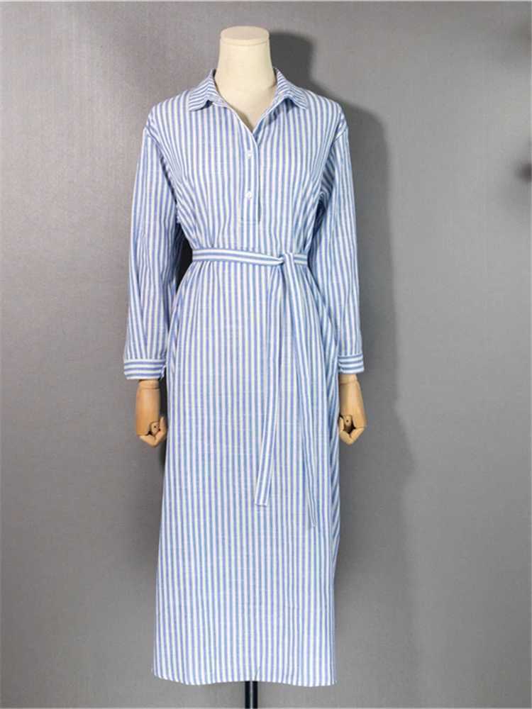 Colorfaith DR2268 2023 New Striped Lace Up Cotton and Linen Shirt Dress Spring Summer Women Korean Fashion Chic Long DressesT250311