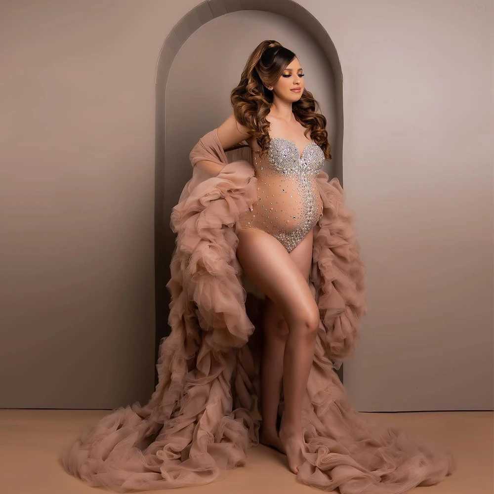 Sexy Maternity Dress Goddess V Neck Rhinestones Pearls Luxurious Stretch Jumpsuits Pregnancy Dress for Photo Shoot Props Clothes X250224