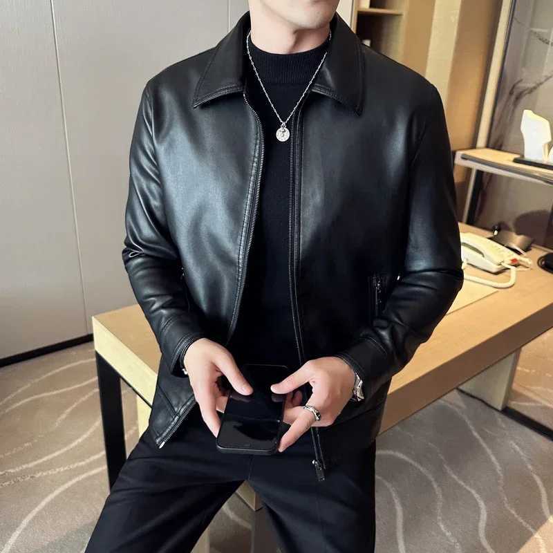 Mens Fashion Leather Jacket Slim Fit Tturn down Collar Coats Male Anti-wind Motorcycle Zipper leahter Jackets Men PU JacketT250311
