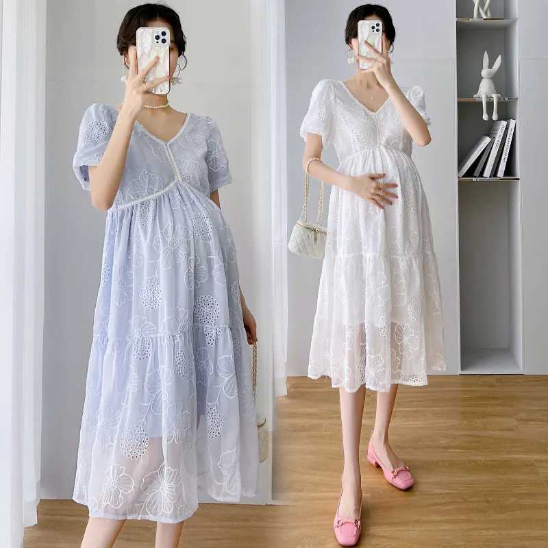 Korean Style Maternity Dress 2022 New Dress Temperament Fashion Lace Long Skirt Pregnant Mother High Waist Hollow Summer SkirtT250311
