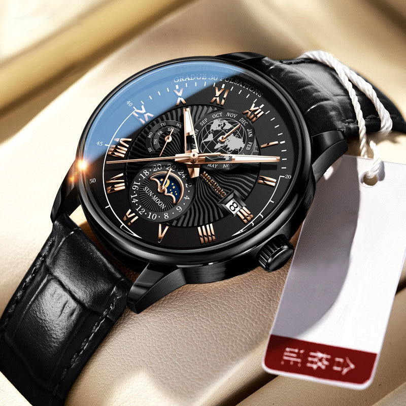 Stylish and Trendy Mens Watch with Three Eye Calendar Starry Sky Moon Design and Leather Belt Perfect for Fashionable Men