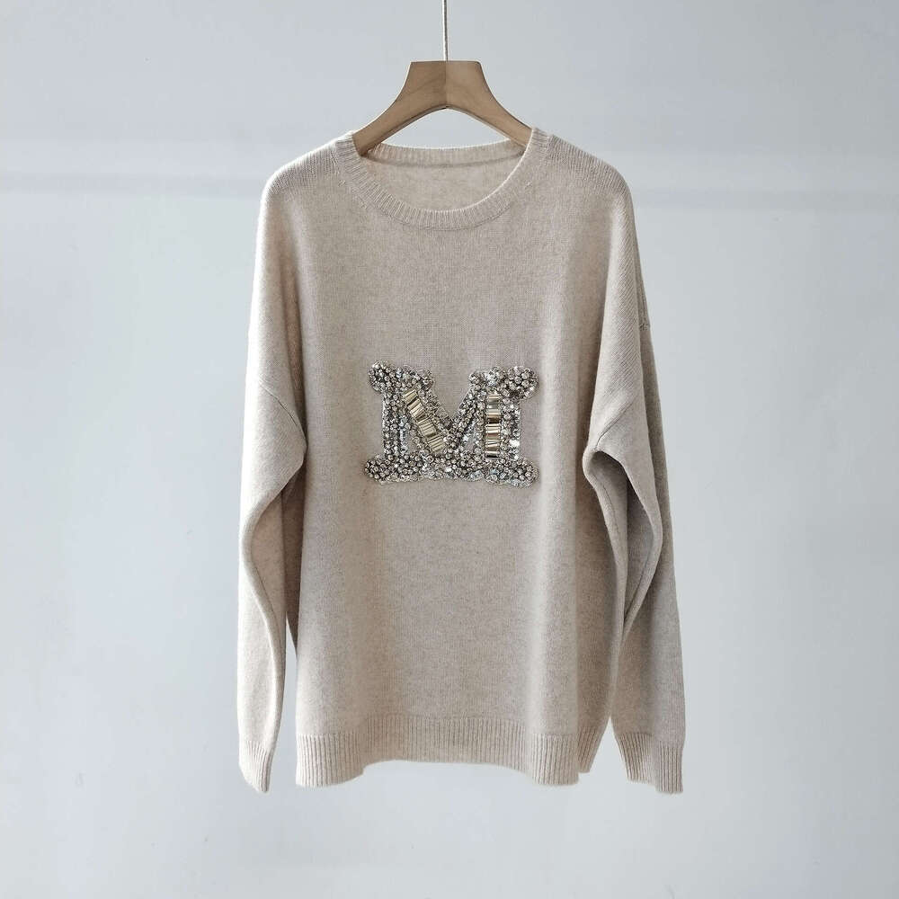 24 Year Autumn And Winter Handmade Embroidery Nail Bead Large M Letter Cashmere Women's Round Neck Long Sleeved Knitted Pullover Sweater