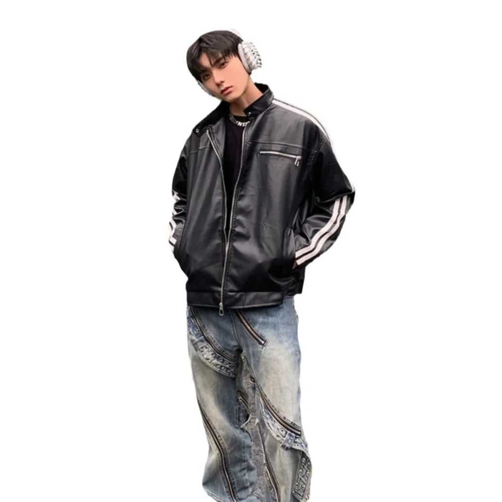 Men Retro Black Brown Striped Faux Leather Jacket Male High Quality Motorcycle PU Coat Plus Size Male Zipper Streetwear Top XXLT250311