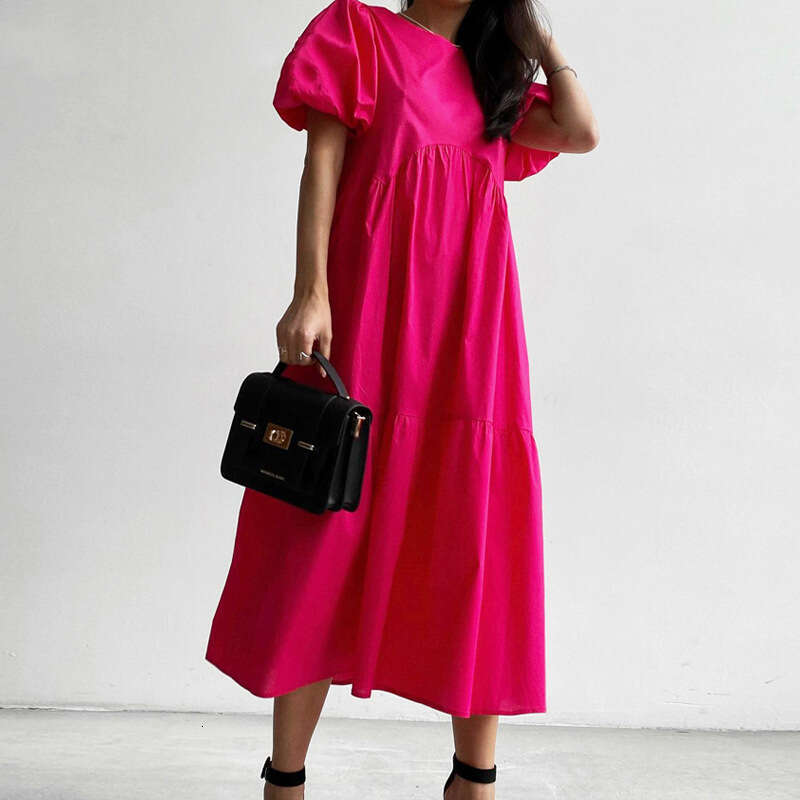Spring New Style Solid Color Casual Fashion Round Neck Short Sleeve Loose Dress 661 KLMY