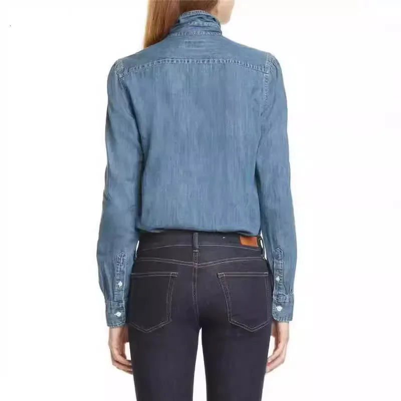 casual denim shirt with scarf neckline long sleeve lapel womens from Chinese Mainland fashionable and comfortable 250311