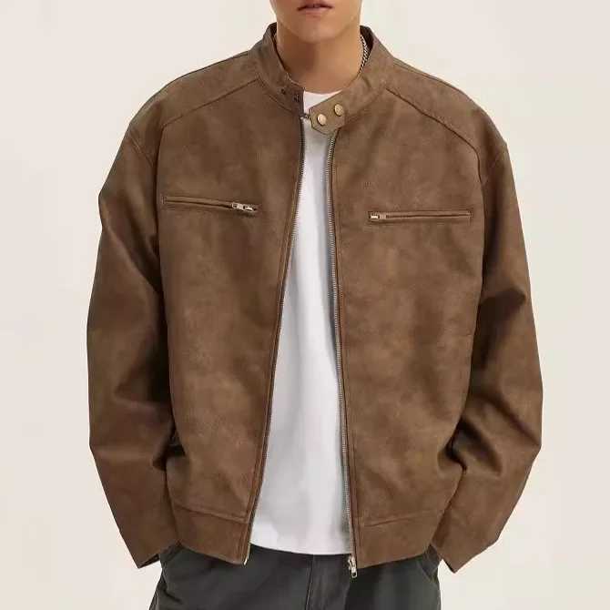 American Style Street Motorcycle Jacket For Men And Women 2024 Autumn New Loose Fit Casual Stand Collar Top Leather ClothingT250311