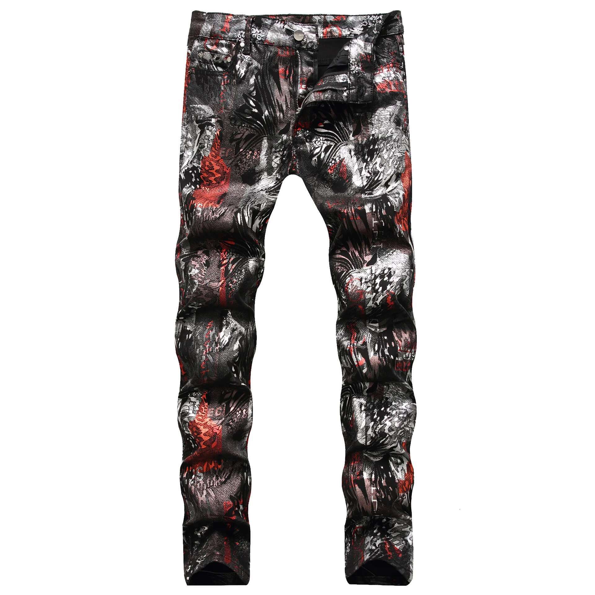 Black Small Leg PU Slim Fit Casual Punk Hip hop Print Pattern Fashion Designer Popular Men s Pants Four Season Jeans Outdoor Casual Pants 2025 New Sty