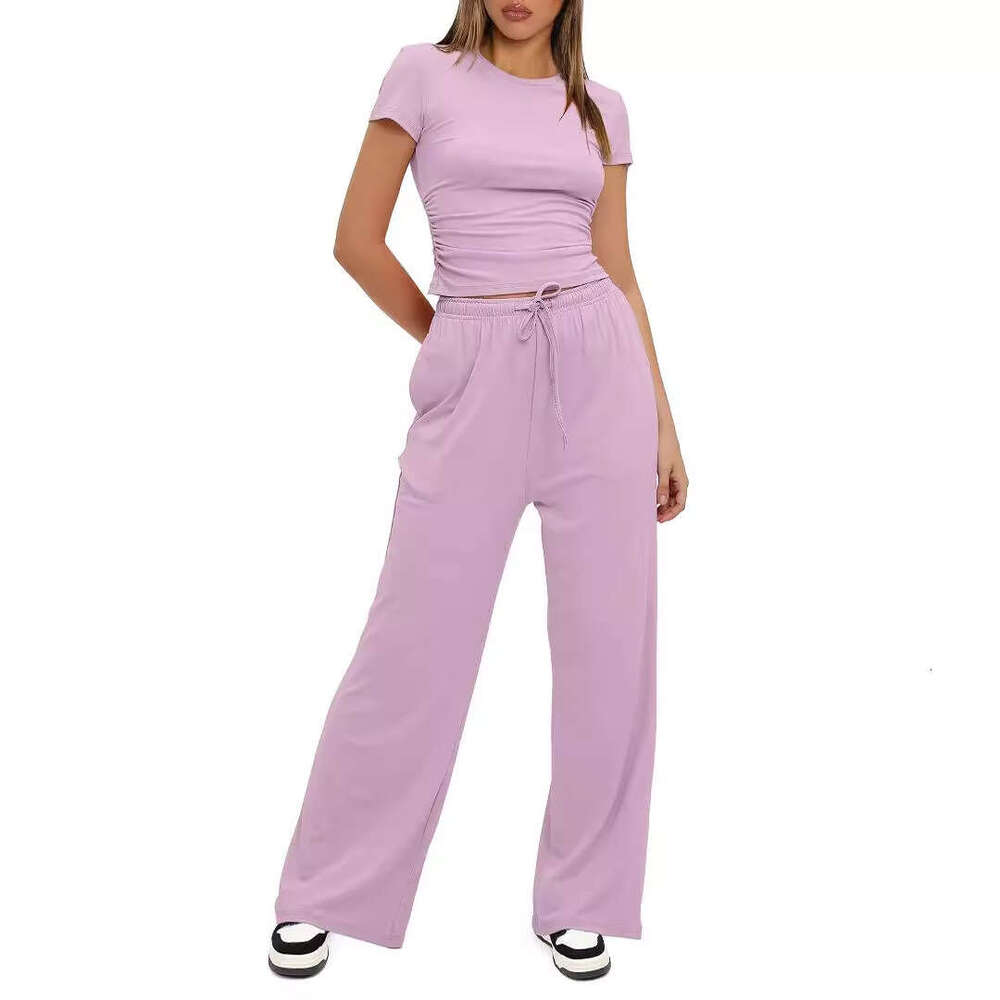 European and American product solid color casual suit pleated short sleeved top high waist wide leg pants sportswear 2025 temperament versatile new tr