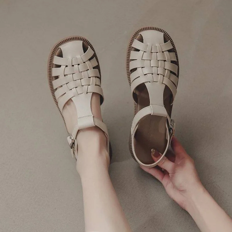 shoes Closed Toe Sandals Black Shoes For Women Summer Womens Heels Breathable Beige Low Retro Ladies Flat Gladiator 250305