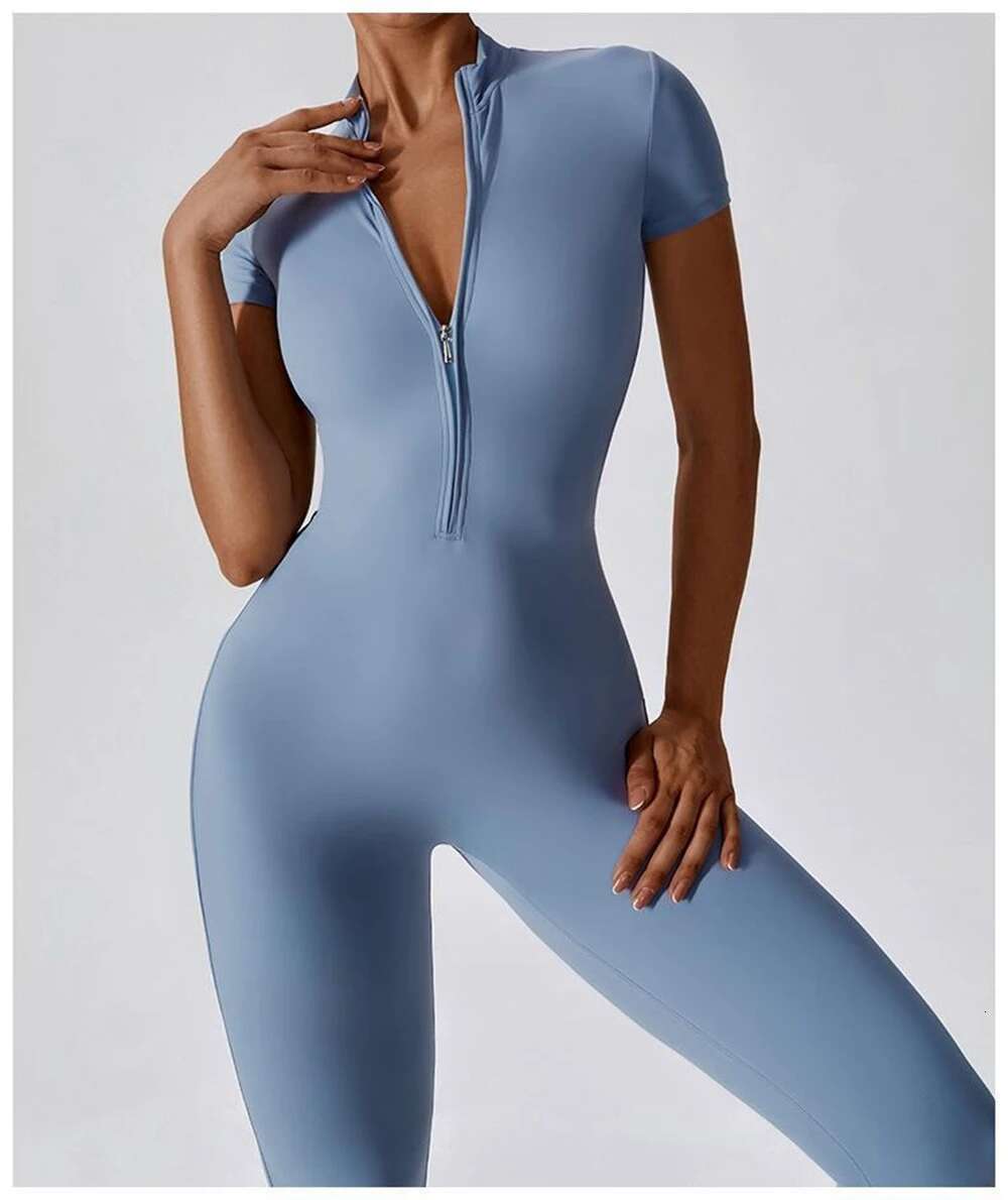 Womens Jumpsuits Short Sleeve Yoga Thin Slim Fit Stretch One Piece Romper Sexy Fiess Female Sportwears Tight Zipper Ladies