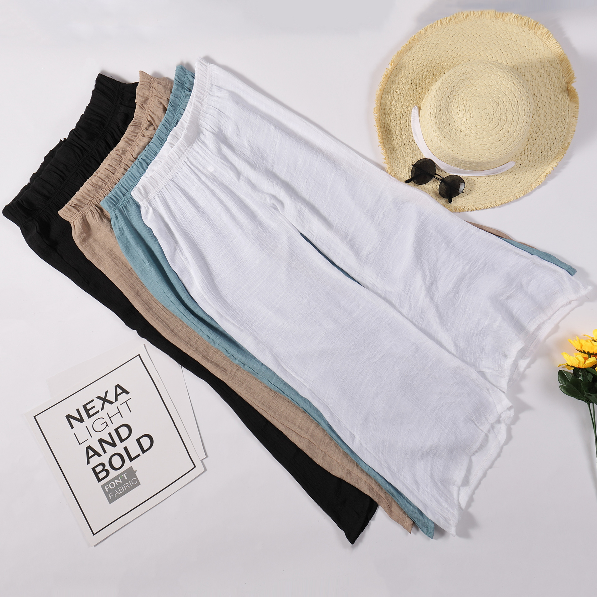 Bamboo Cotton Loose Home With Elastic Band, Casual Flared Wide Leg Pants, Sun Protection Beach Pants