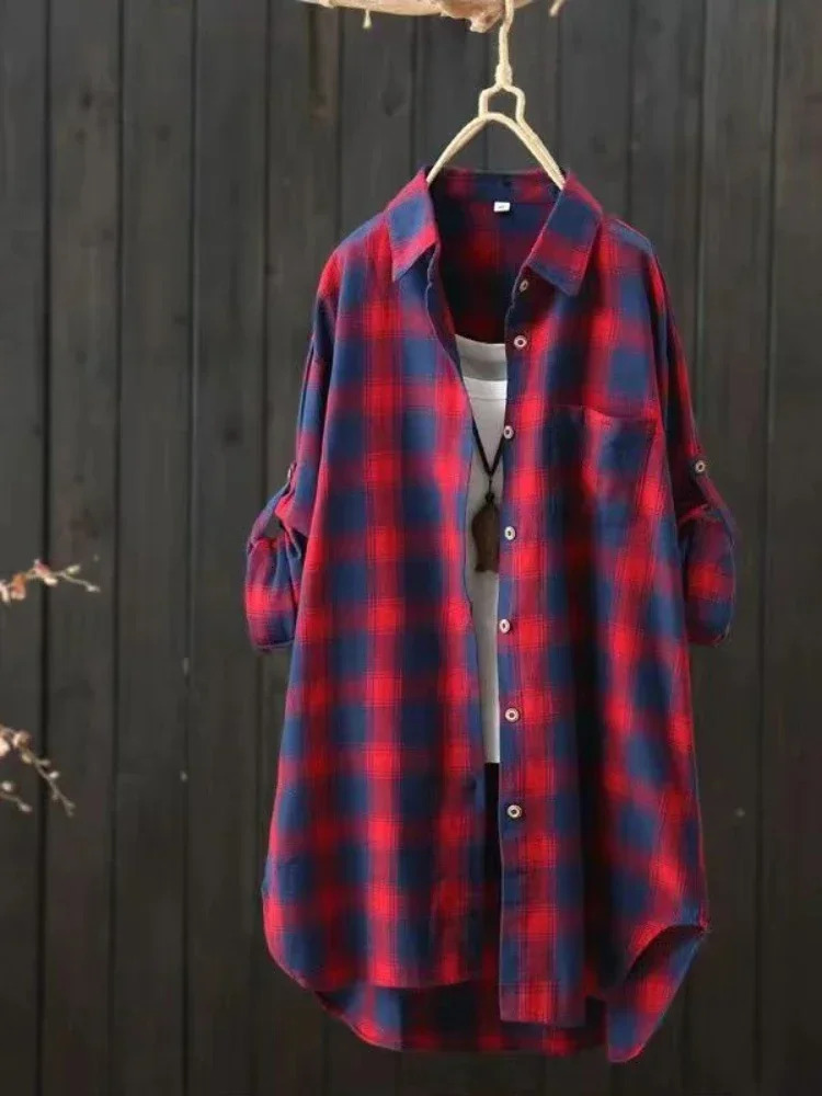 Womens Long Sleeve Blouse Fashionable and Agereducing Polo Collar Midlength Loose Versatile Fashion Top Plaid Shirt 250310
