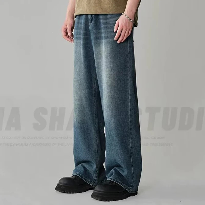 Mens Fashion High Waist Wide Leg Jeans Retro American Denim Pants Classic Bagged Street Clothing Casual Trousers 250311