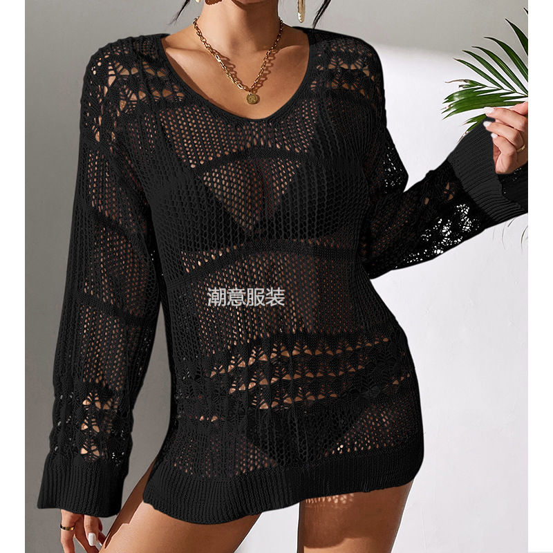 New Vacation Sexy Hollow Texture Loose Fitting Pullover Fashionable Sun Protection Shirt, Mid To Long Beach Cover