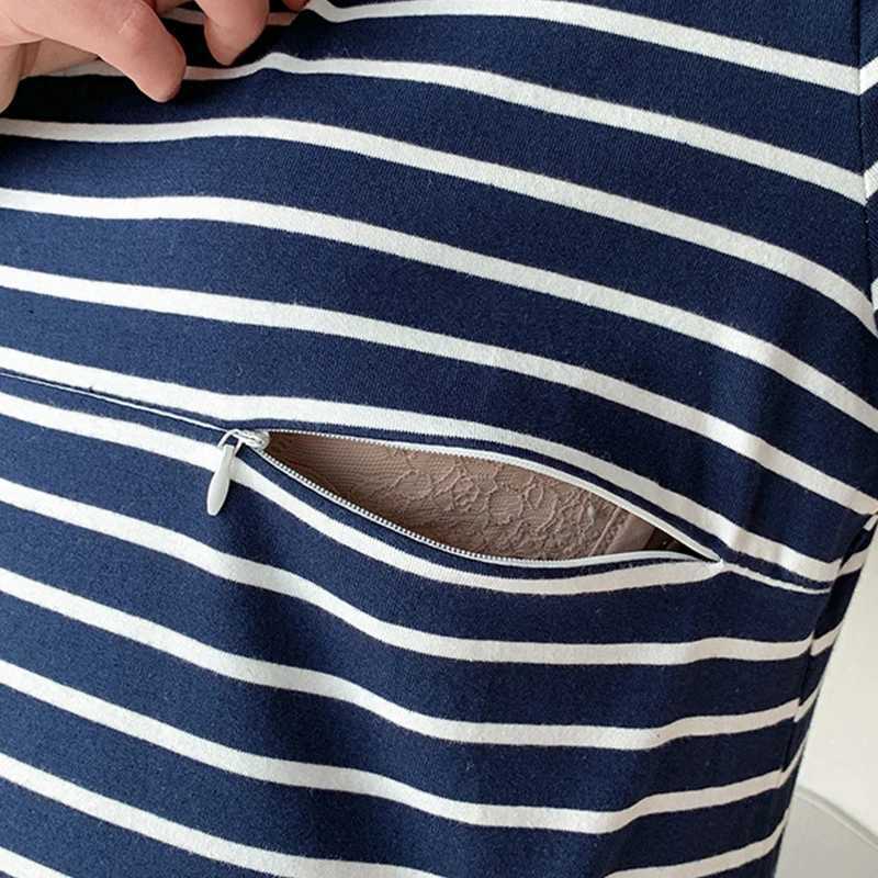 Maternity Summer Striped Nursing Dress Clothes Cotton Long Sleeve Loose Stylish Slimming Dress for Pregnant Women Mom DressT250311