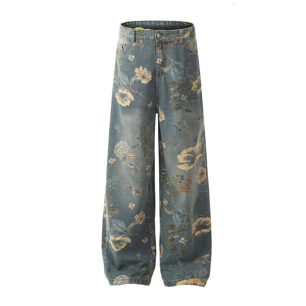Jiayiku Trendy Brand 2024 Autumn/Winter New American Flower Printed Micro La Jeans For Men And Women Vibe Pants