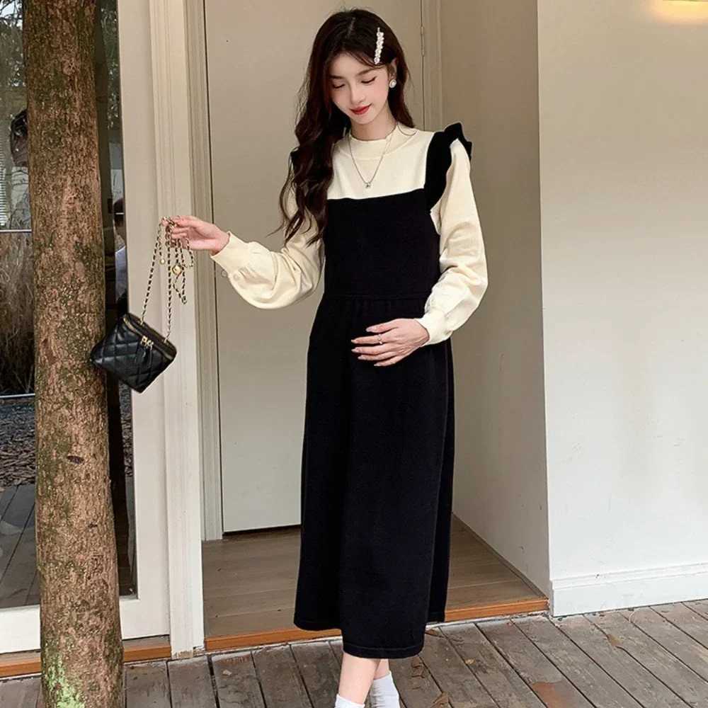 Maternity Dress Autumn Winter Long Sleeve Stitching Fake Two Pieces Clothes for Pregnant Women Knitted Pregnancy DressesT250311
