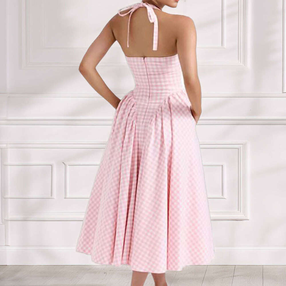 2025 Spring Women's Elegant Hanging Neck V-Neck Folded Waist French Dress 661 KLMY