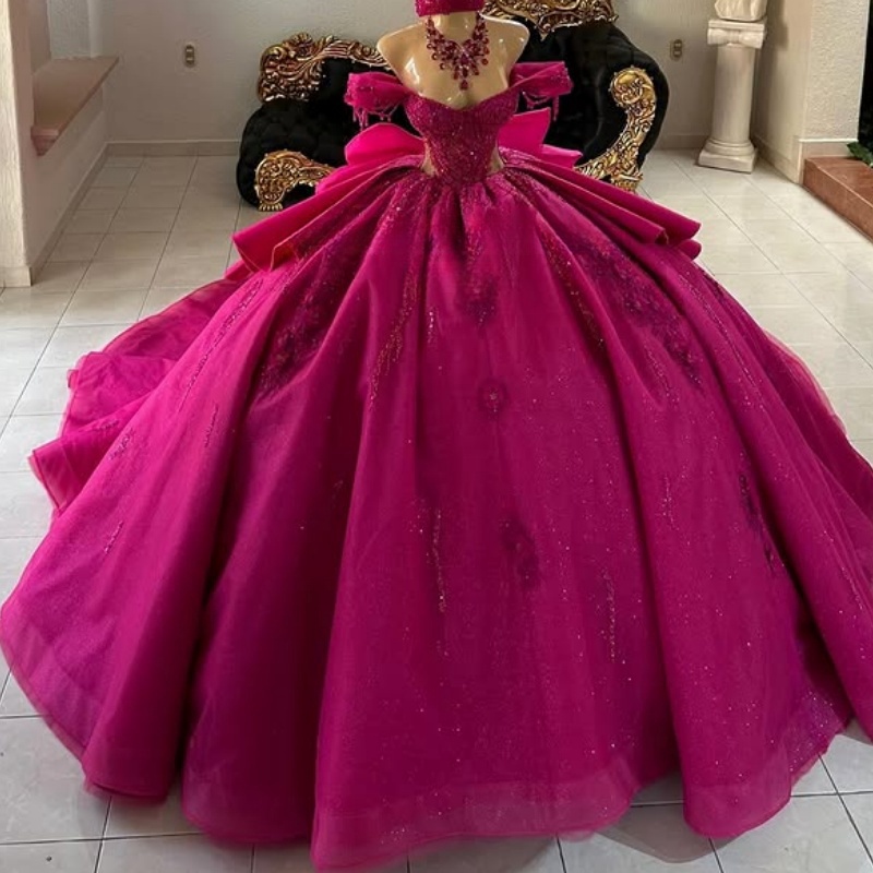 Rose Red Shiny Quinceanera Dresses Ball Gown Off The Shoulder Beading Crystal Bow Tull Party Birthday Sweet 16 Dress Vestidos 15 De Anos